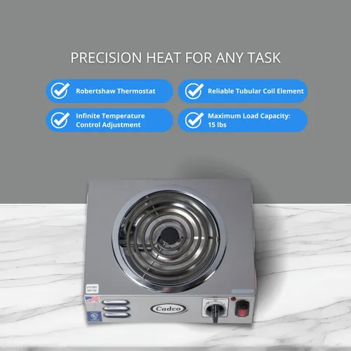 Vista 3 de Cadco CSR-3T - Placa caliente eléctrica portátil de 14" para encimera de alta potencia con un quemador tubular para restaurante, hotel, camión
