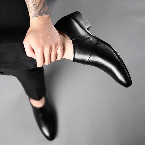 Vista 3 de Zapatos de vestir de esmoquin de cuero para hombre, clásicos, sin cordones, formales, estilo Oxford, a la moda, casual, de cuero, puntiaguda