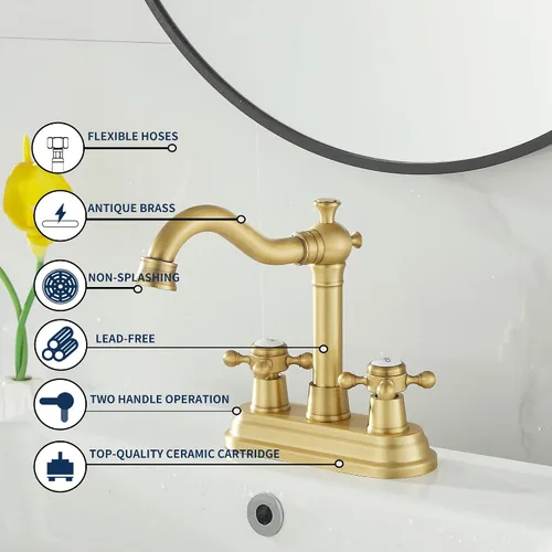 Vista 5 de Grifo de Baño GGStudy de Latón Antiguo de 2 Manijas de 4 Pulgadas Grifo Central de Tocador de Baño con Conjunto de Drenaje y Manguera de Suministro