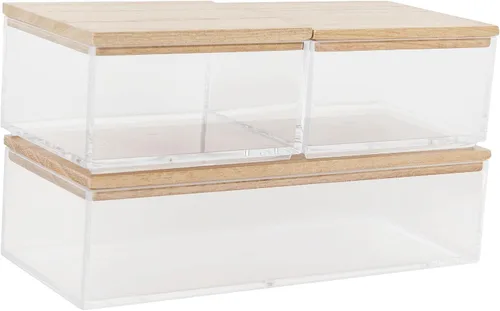 Vista 12 de Martha Stewart Brody - Contenedores organizadores de plástico con tapas de madera de paulownia para oficina en casa, cocina o baño, paquete de 3