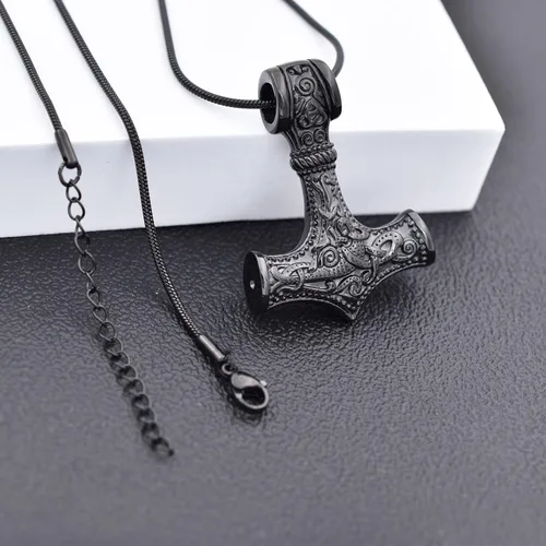 Vista 11 de Collar de urna de talismán de martillo de Thor vikingo nórdico para cenizas, acero inoxidable para hombre, joyería de cremación vintage, amuleto