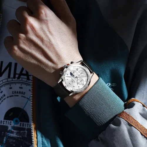 Vista 6 de OLEVS Reloj para hombre cuero marrón moda cronógrafo reloj luminoso impermeable casual relojes de pulsera