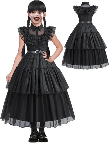 Vista 4 de Disfraz negro para niñas, niños, cumpleaños, Halloween, cosplay, vestido de fiesta negro