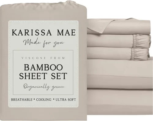 Vista 75 de KARISSA MAE Juego de sábanas de viscosa de bambú de lujo, 100% certificado FSC, refrescante, lujosamente suave, bolsillos profundos de 18 pulgadas