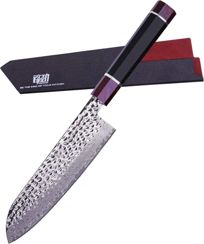 Vista 7 de Cuchillo de cocina multiusos de 5 pulgadas con funda de ABS, cuchillo mondador japonés multiusos, hoja de acero de Damasco, mango octogonal