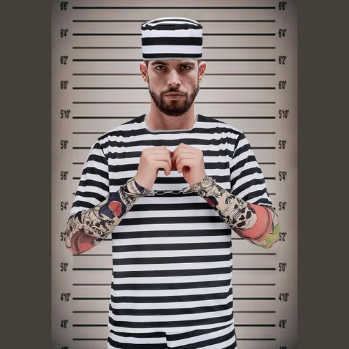 Vista 4 de Liitrsh 4 piezas de disfraz de prisionero de Halloween a rayas, mono de prisión con mangas de tatuaje, esposas y puño para el pie