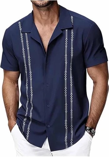 Vista 8 de Camisa de guayabera cubana para hombre, camisa de manga corta con botones, camisas hawaianas casuales de verano, camisas de playa para vacaciones