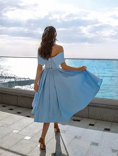 Vista 2 de Vestido corto de satén con hombros descubiertos hasta la rodilla, vestido corto de fiesta de cóctel para jóvenes