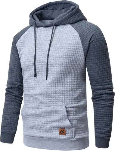 Vista 2 de Sudadera de manga larga para hombre con capucha con cordón de jacquard a cuadros estilo informal y hípster con bolsillo de canguro