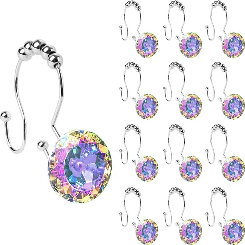 Vista 13 de Sunlit Diseño de Lujo Redondo Aqua Azul Diamante Cristal Gema Bling con Bolas Deslizantes Ganchos para Cortina de Ducha, Anillos para Cortina