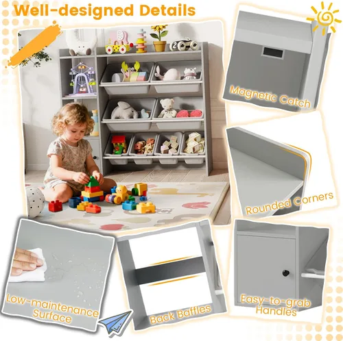 Vista 6 de HONEY JOY Organizador de almacenamiento de juguetes para niños, armario de madera de 44 pulgadas de largo con 8 contenedores extraíbles, estantes