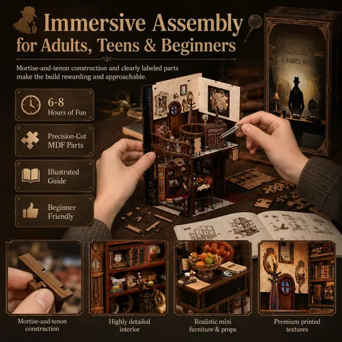 Vista 7 de NFEHGXAE Kits de rincón de libros para adultos, kit de casa de muñecas en miniatura con luces LED, rompecabezas de madera 3D, adolescentes