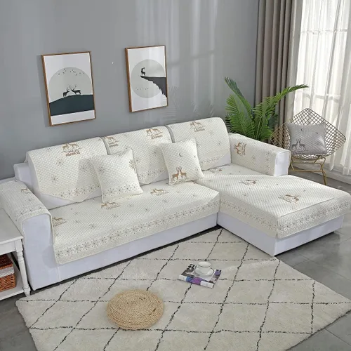 Vista 3 de vctops Fundas de sofá de algodón bordadas reversibles, con patrón de alce de granja, funda de sofá seccional, suave y acogedora, protector de Ciervo