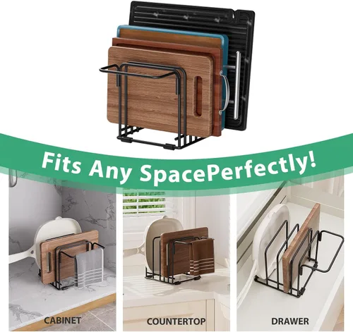Vista 5 de Organizador de tabla de cortar, estante de almacenamiento de cocina de acero con 5 ranuras para tablas de cortar, bandejas para hornear, toallas
