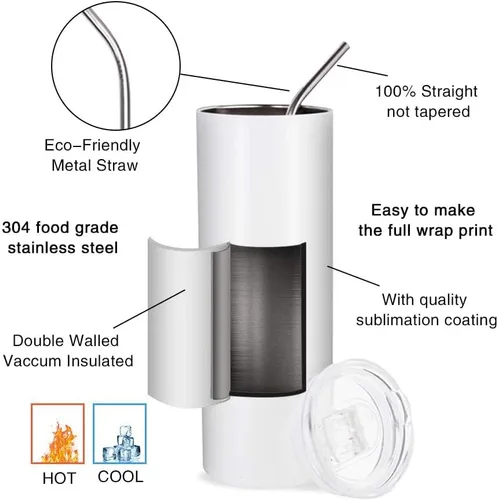 Vista 3 de PYD Life Paquete de 10 Vasos Tumblers de Sublimación a Granel en Blanco de 20 OZ Delgados Blancos de Acero Inoxidable con Pajita y Tapa para Taza