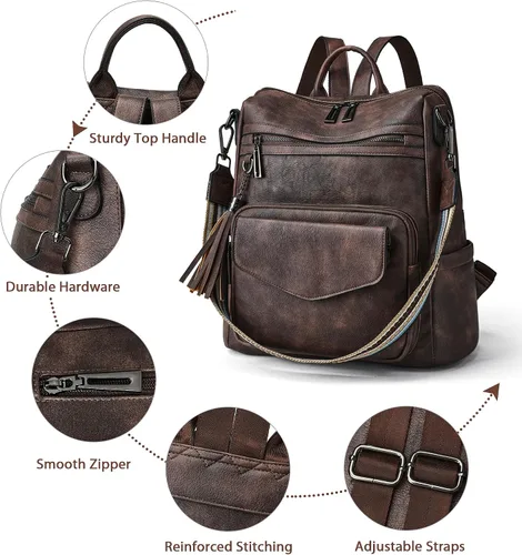Vista 4 de OPAGE Mochila Bolso para Mujeres de Cuero Diseñador de Moda Mochila Bolso Mochila de Viaje Bolsas de Hombro para Damas con Muñequera, Mochilas