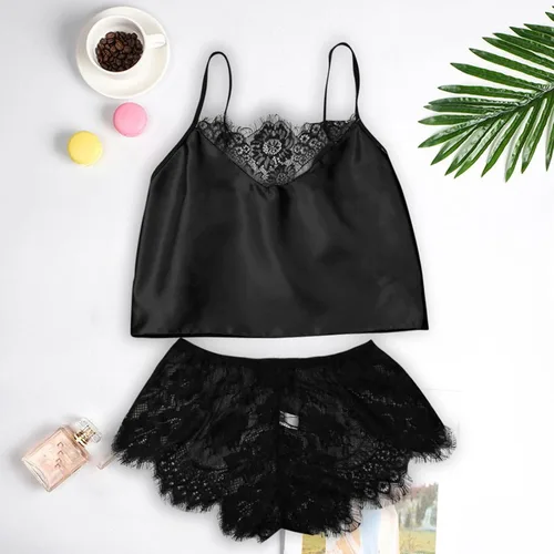 Vista 7 de Nskgu Conjunto de pijama de satén para mujer, lencería sexy, ropa de noche, 2 piezas con ribete de encaje, camisola y pantalones cortos, conjuntos