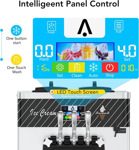 Vista 2 de 3 Head Commercial Soft Serve Ice Cream Machine, Countertop with Auto Clean Function & Night Pre-Cooling, Touch LCD Panel, 5.8-7.9 Gal/Hour High