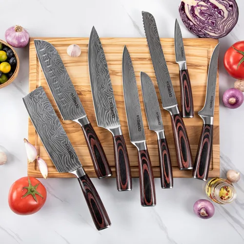 Vista 3 de Juego de cuchillos Master Chef de 17 piezas con bloque de acero de Damasco y madera de acacia Cuchillos de cocina de acero de Damasco con bloque