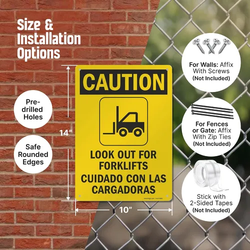 Vista 4 de SmartSign - S-8498-AL-14 Letrero bilingüe "Precaución - Cuidado con las carretillas elevadoras" Aluminio de 10" x 14