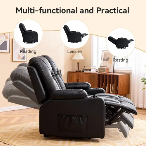 Vista 5 de COMHOMA Muebles sofá de cuero consolidado con masaje, portavasos, juego de sala de estar, silla reclinable, 3+1+1, negro