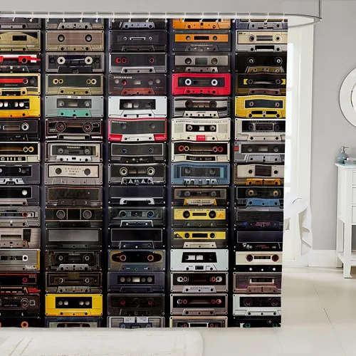 Vista 15 de Cortina de ducha retro de los años 90 para niños, 72 pulgadas de ancho x 72 pulgadas de largo, cinta de cassette geométrica Memphis, cortina