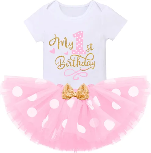 Vista 5 de IBTOM CASTLE Vestido de 1er cumpleaños para niñas con diseño de pastel y falda tutú de lunares, sandalias descalzas para fotografía