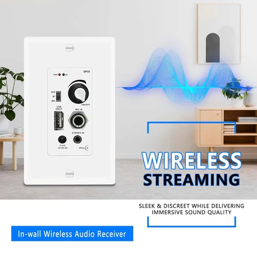 Vista 3 de receptor amplificador de control de audio en pared compatible con Bluetooth, 2 canales, placa de pared con entrada USB, micrófono (3.5mm) Aux, 120W