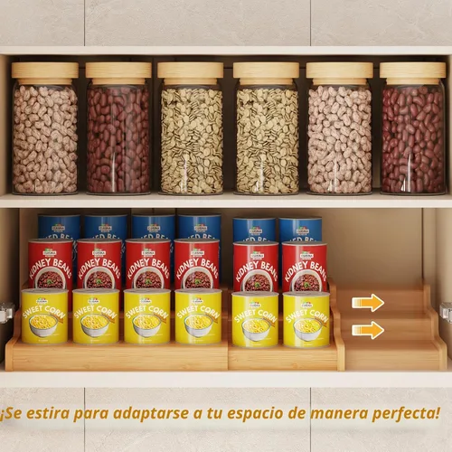 Vista 3 de Organizador de latas de bambú expandible para despensa, soporte de almacenamiento de latas ajustable de 3 niveles, organizador de soda con capacidad