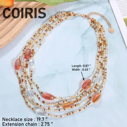 Vista 4 de COIRIS - Collar de cuentas de múltiples semillas con cuentas rectangulares acrílicas, babero grueso, collar de cuentas de arroz