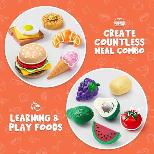 Vista 3 de JOYIN Juego de 50 piezas de juguetes de cocina, vajilla, frutas ficticias, verduras, accesorios de plástico para niños, juguete educativo
