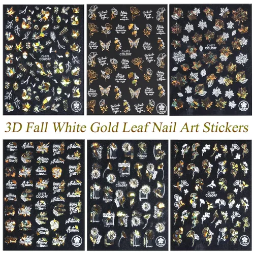 Vista 3 de 6 hojas de calcomanías para uñas de otoño, Acción de Gracias, 3D, autoadhesivas, hojas de arce, suministros de arte de uñas, flores de oro blanco