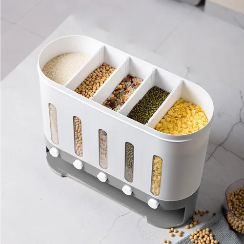 Vista 6 de Dispensador de cereales montado en la pared de 19.8 lbs, dispensador de alimentos secos de 5 rejillas, contenedor de almacenamiento de granos