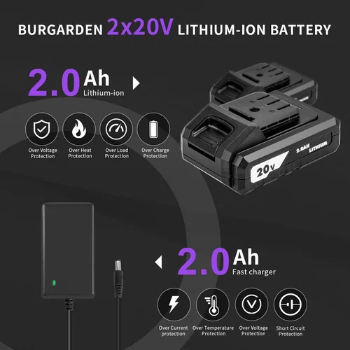 Vista 8 de Juego de taladro inalámbrico sin escobillas morado, kit de controlador de potencia compacto de 20 V con motor eléctrico, ajuste de par de 20+3, 48