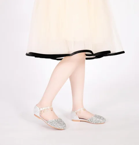 Vista 3 de Zapatos planos de ballet Mary Jane con diamantes de imitación para niña, con brillantina, para niña de las flores, para boda, fiesta, zapatos