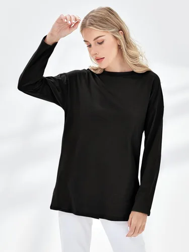 Vista 49 de Fisoew Camisetas de manga larga para mujer, holgadas, casuales, con cuello redondo, blusa suave