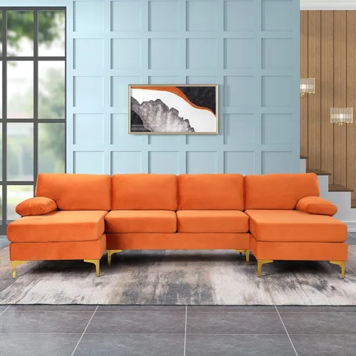 Vista 28 de Sofá modular moderno en forma de L, con diván extra ancho y patas doradas Gris