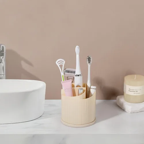 Vista 6 de Anyoifax Organizador giratorio de 360 brochas de maquillaje con 5 ranuras para brochas de maquillaje, taza en forma de flor, soporte para bolígrafo