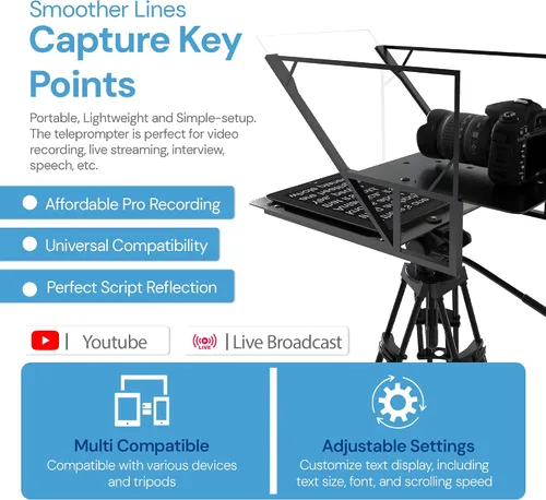 Vista 4 de Teleprompter 4.0 12" Compatible con iPad, tableta, smartphone y cámara DSLR, control remoto o aplicación, compatible con Android e iOS, ideal