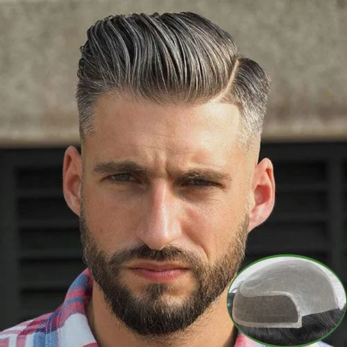 Vista 7 de Voloria Toupee para hombres 100% cabello humano europeo suizo frente encaje frontal natural piezas de cabello 0.003 in piel fina PU V-looped sistema