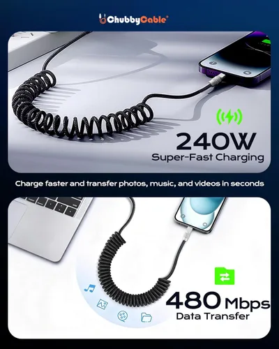 Vista 2 de chubbycable Curly Chubby - Cable de carga rápida USB C en espiral de 240 W, cable de carga retráctil trenzado duradero para automóvil compatible