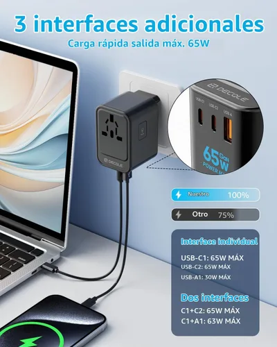 Vista 3 de Adaptador de viaje universal, 2 USB-C y 1 USB-A, cubre más de 200 Negro