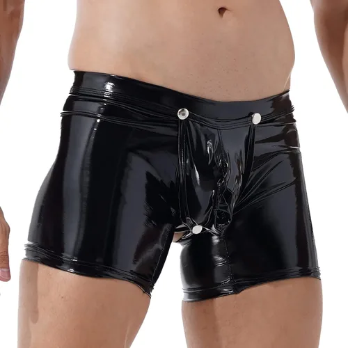 Vista 3 de Calzoncillos tipo bóxer de piel sintética para hombre, cintura baja, cierre de botón, ropa interior para discoteca