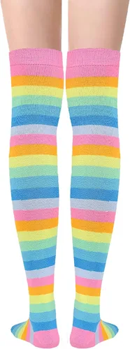 Vista 3 de Uttpll Calcetines altos hasta el muslo para mujer medias a rayas de colores modernos calcetines largos por encima de la rodilla para Halloween