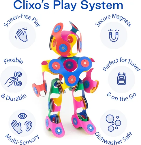 Vista 6 de Clixo Rainbow Pack, juguetes de construcción magnéticos flexibles para niños (42 unidades, 4+) Flexible Imagination STEM magnet toys for travel.
