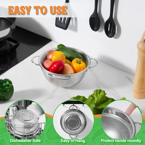 Vista 5 de P&P CHEF Colador de acero inoxidable de 3 cuartos de galón, colador de metal microperforado para alimentos de cocina, ideal para enjuagar, lavar