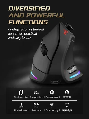 Vista 5 de TKMARS Ratón vertical ergonómico inalámbrico para juegos con joystick, Bluetooth y 2.4G, 12 botones programables, 24000 DPI ajustable, mouse RGB