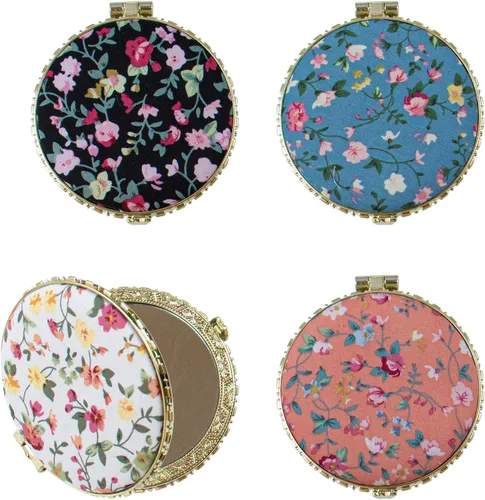 Vista 9 de AUEAR, Paquete de 4 pequeñas flores portátiles espejo de maquillaje retro floral doble cara monedero para viaje cosmético corazón