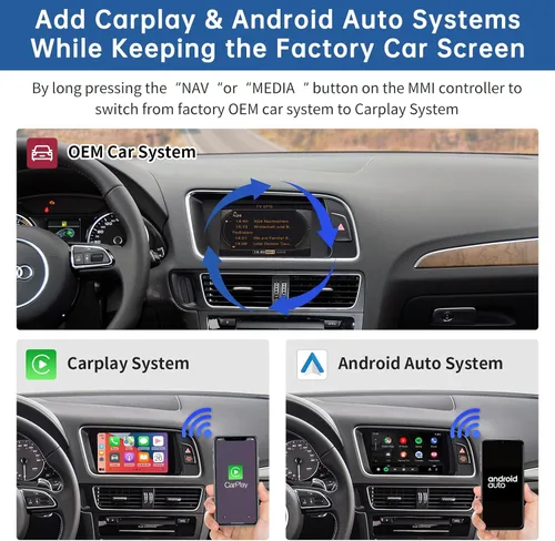 Vista 3 de Road Top Carplay inalámbrico Android Auto para Audi A4 A5 S4 S5 RS4 RS5 Q5 2008-2015 con sistema 3GMMI, kit de readaptación Carplay, soporte