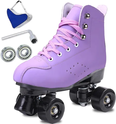 Vista 7 de Patines para mujer y hombre de caña alta en negro, de cuero sintético clásico, patines de doble fila ajustables para interiores y exteriores